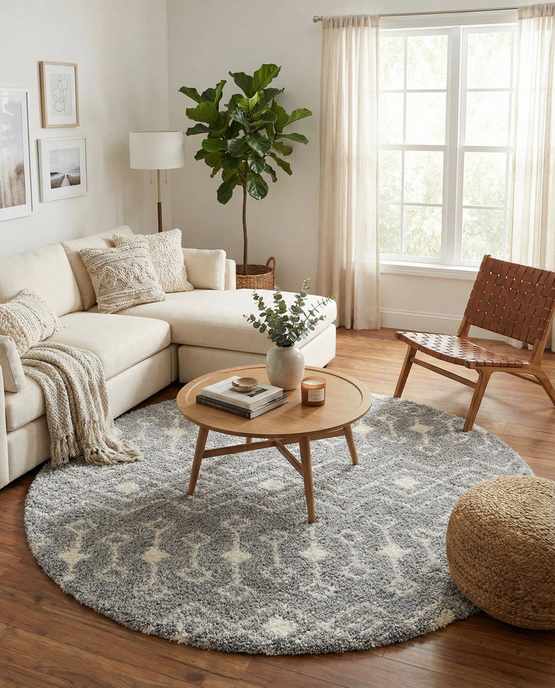 Berber Lattice Shag Collection Area Rug - Atlas (Gray) Round Gray  lifestyle 44