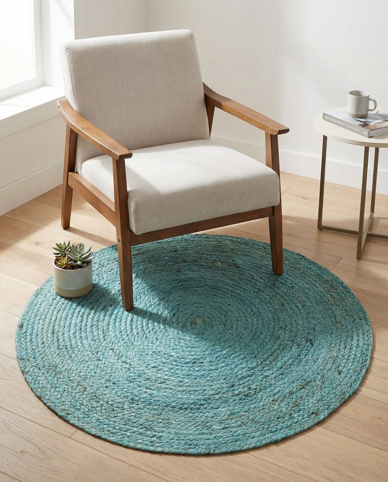 Woven Seaside Jute Collection Area Rug - Savannah (Turquoise) Round Turquoise  lifestyle 54