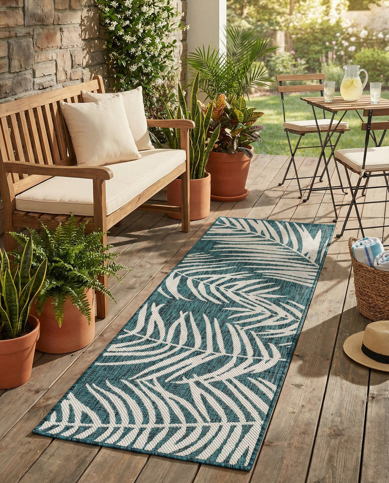Seaside Blooms Collection Area Rug - Verdure (Teal) Runner Teal  lifestyle 74
