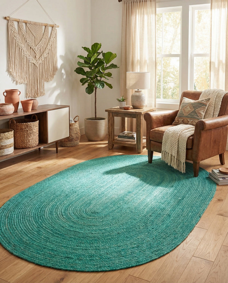 Woven Seaside Jute Collection Area Rug - Savannah (Turquoise) Oval Turquoise  lifestyle 55