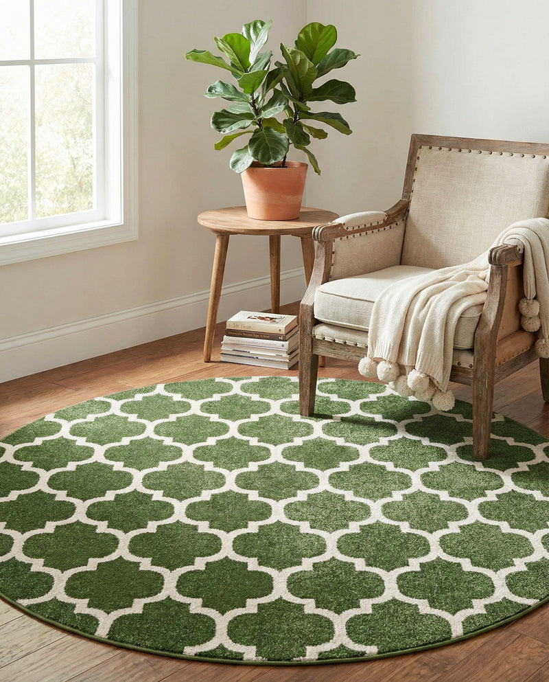 Lattice Gardens Collection Area Rug -  Bloomfield (Dark Green) Round Dark Green  lifestyle 51