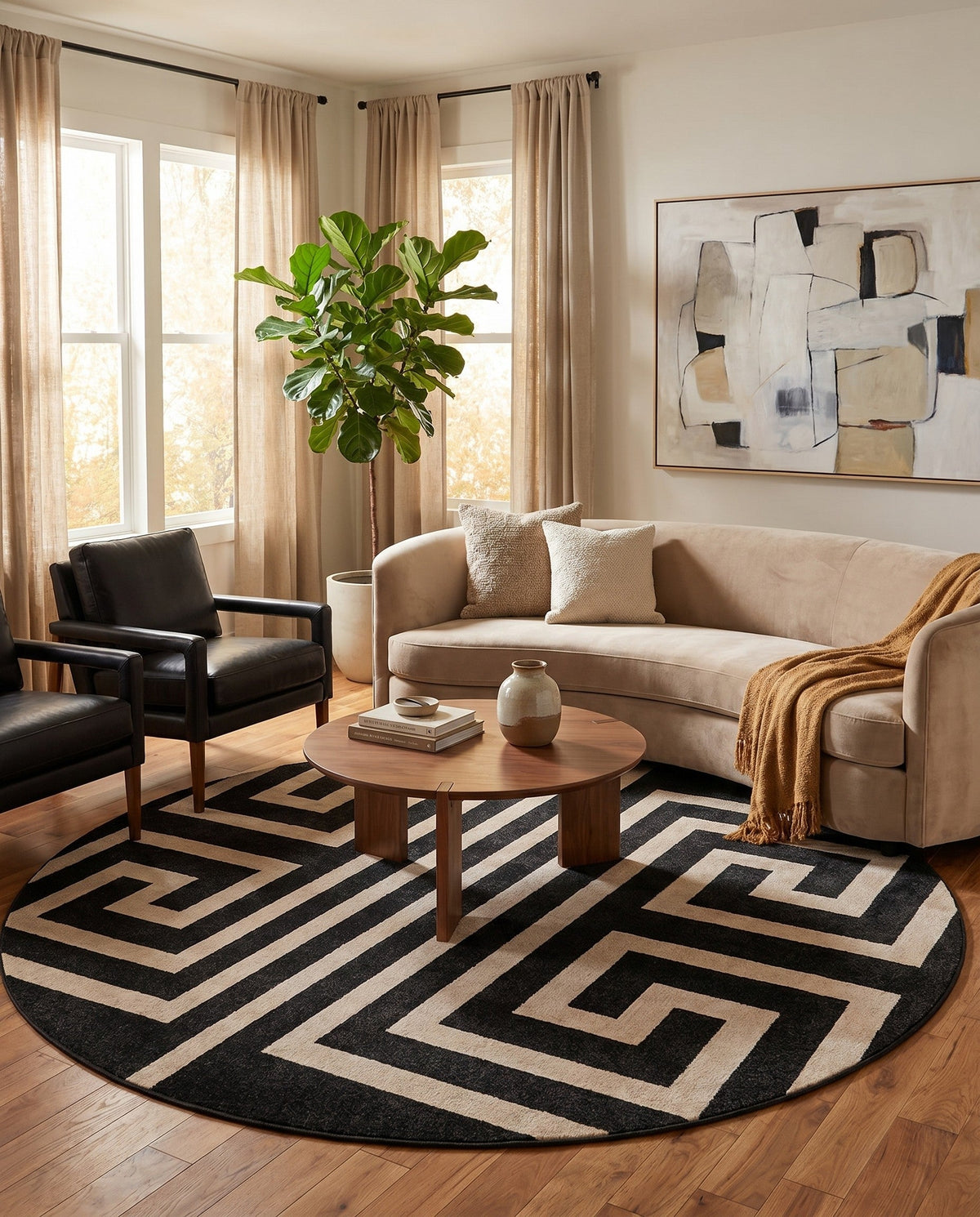 Aegean Labyrinth Collection Area Rug -  Mykonos Round Black  lifestyle 126