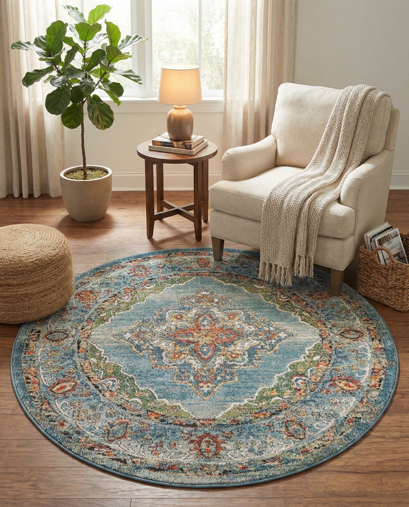 Savannah Soiree Collection Area Rug - Serengeti (Blue) Round Blue  lifestyle 69