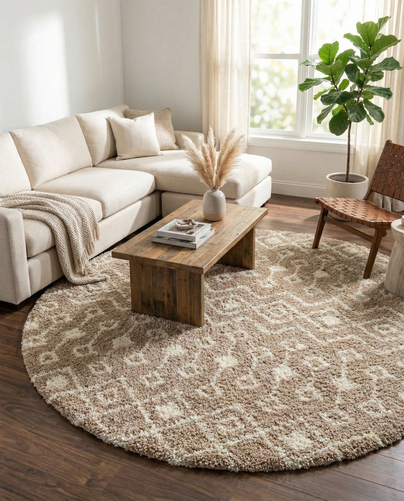 Berber Lattice Shag Collection Area Rug - Atlas (Light Brown) Round Light Brown  lifestyle 39