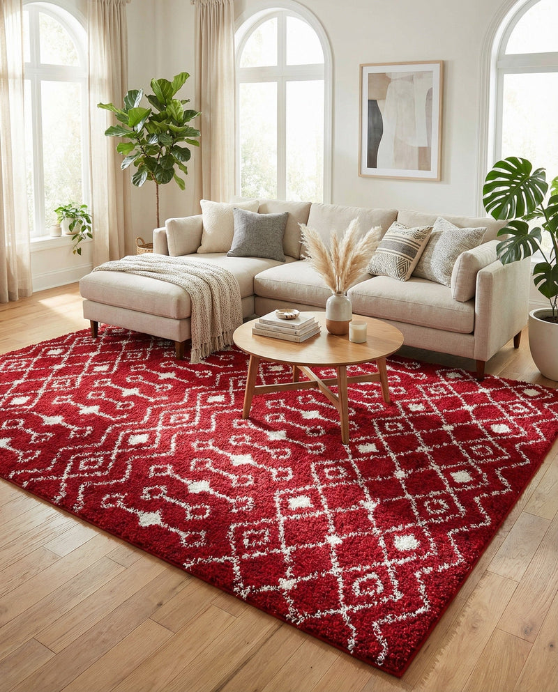 Berber Lattice Shag Collection Area Rug - Atlas (Burgundy Red) Rectangle Burgundy Red  lifestyle 9