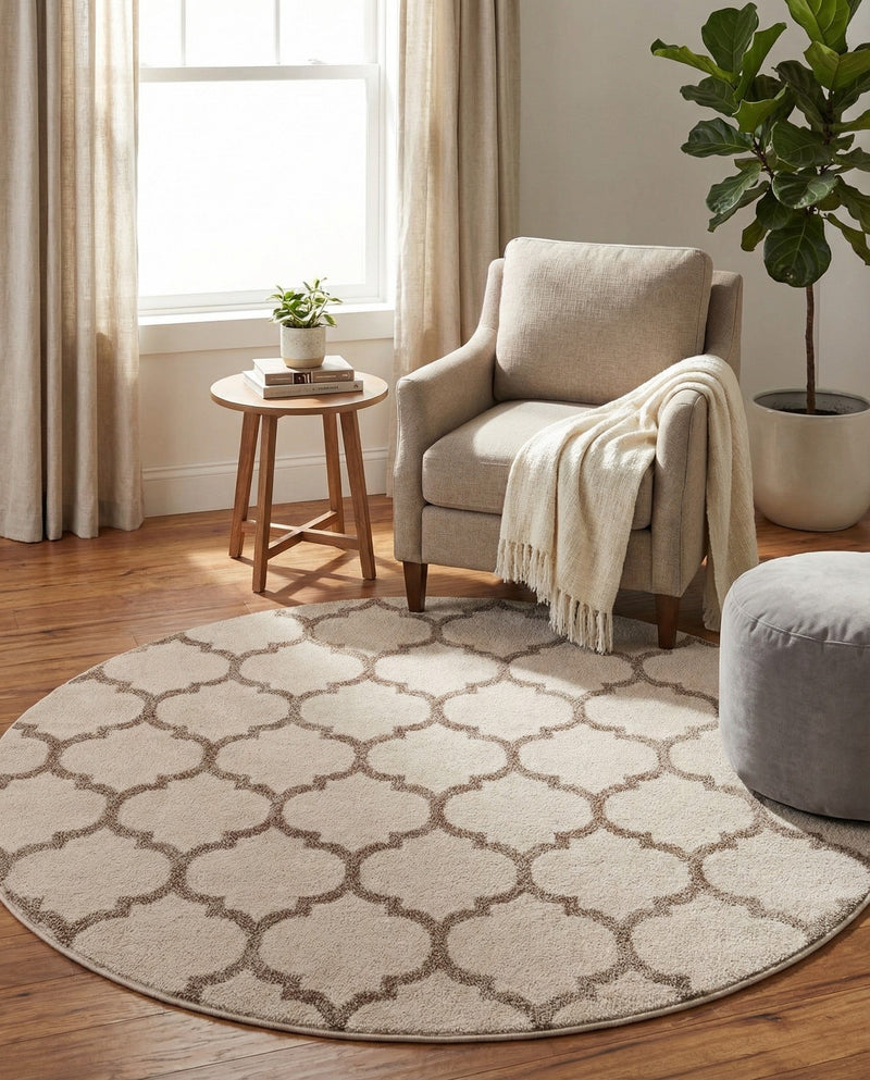Lattice Gardens Collection Area Rug -  Bloomfield (Beige and Light Brown) Round Beige and Light Brown  lifestyle 47