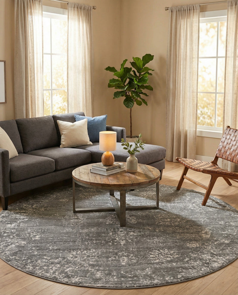 Riviera Elegance Collection Area Rug - Antibes (Dark Gray) Round Dark Gray  lifestyle 50