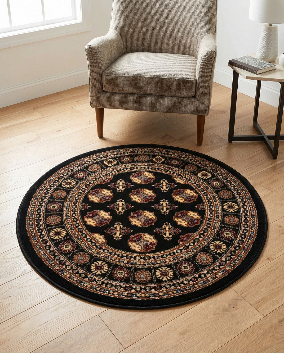 Samarkand Elegance Collection Area Rug -  Margilan (Black) Round Black  lifestyle 90