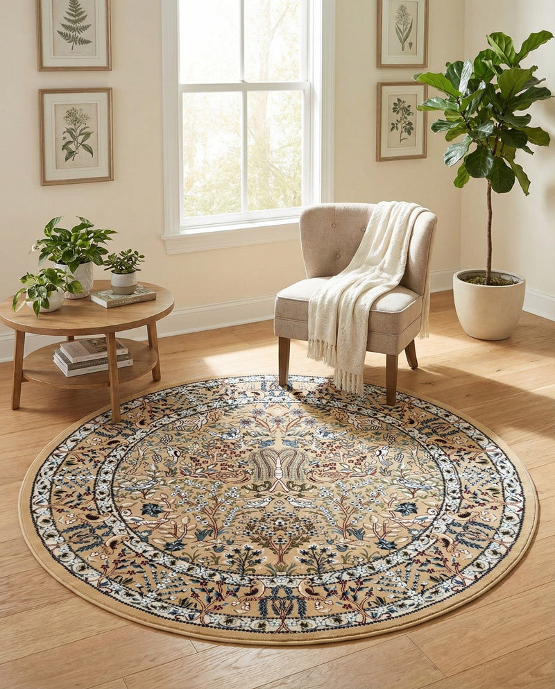 Persian Elegance Collection Area Rug -  Kerman (Beige) Round Beige  lifestyle 48