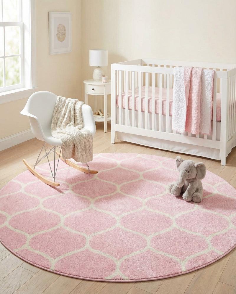 Trellis Mosaic Collection Area Rug -  Pergolatown (Light Pink) Round Light Pink  lifestyle 48