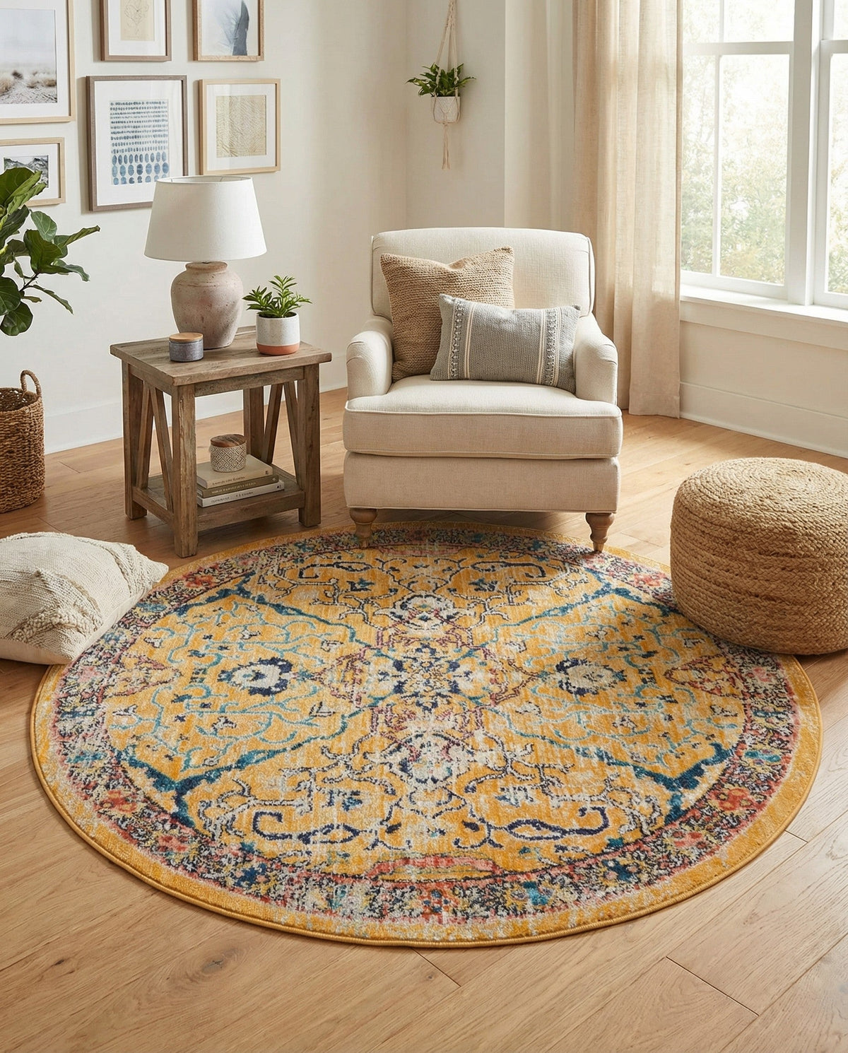 Seville Stripes Collection Area Rug -  Malaga (Yellow) Round Yellow  lifestyle 92
