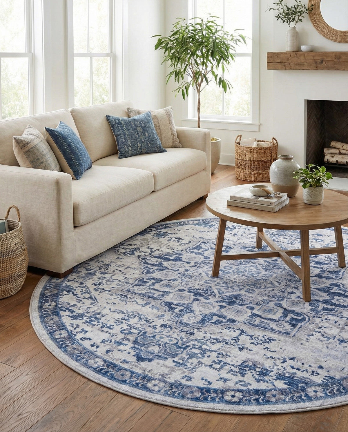 Baroque Era Collection Area Rug - Versailles (Gray Blue) Round Gray Blue  lifestyle 86