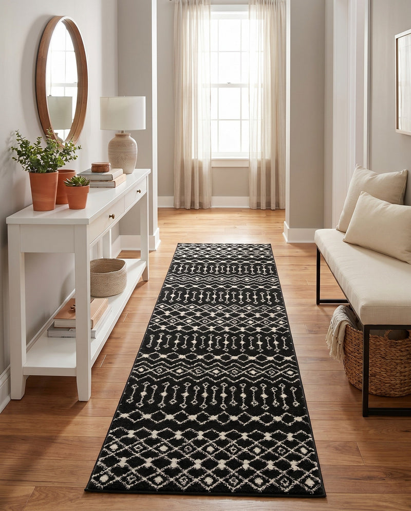 Mediterranean Lattice Collection Area Rug - Santorini (Black and White) Runner Black and White  lifestyle 36
