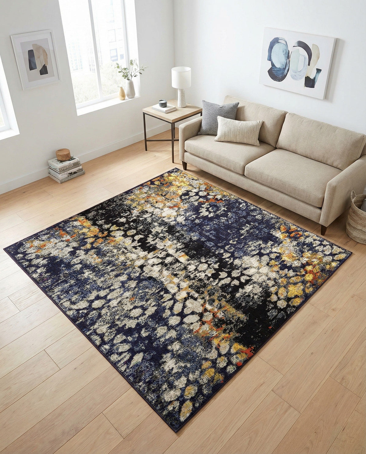 Venetian Tapestry Collection Area Rug - Murano Square Navy Blue  lifestyle 161