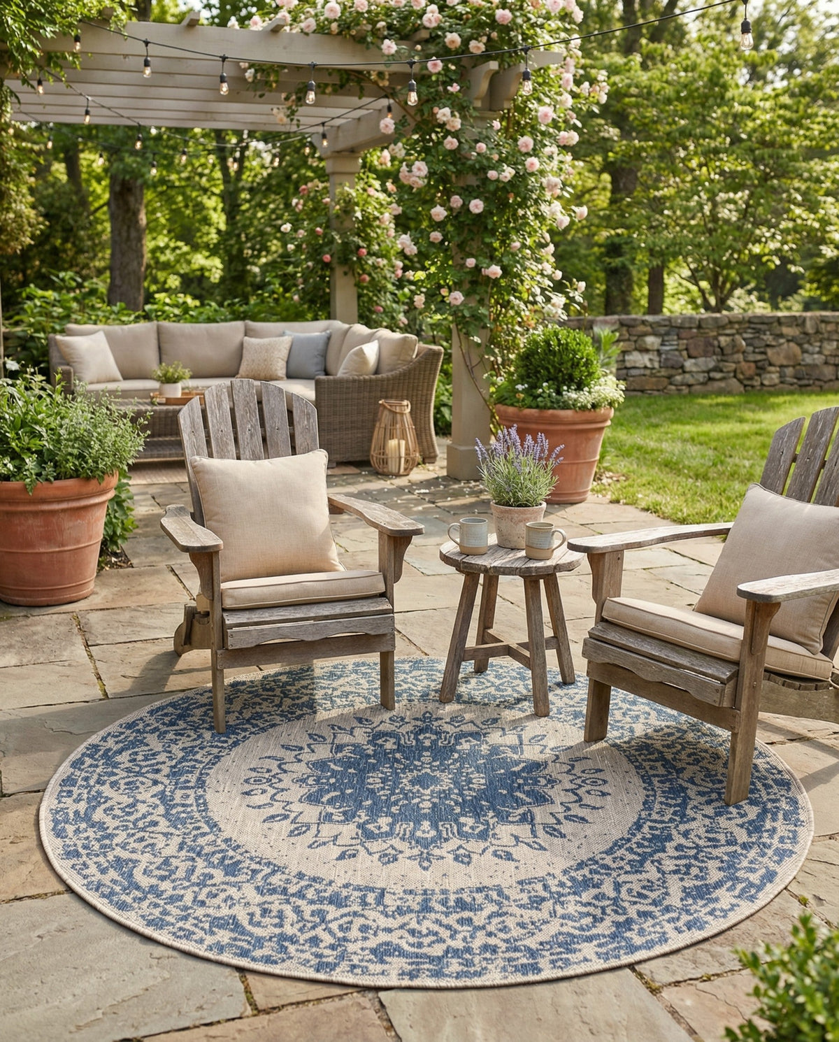 Patio Heritage Collection Area Rug -  Lafayette (Blue) Round Blue  lifestyle 88