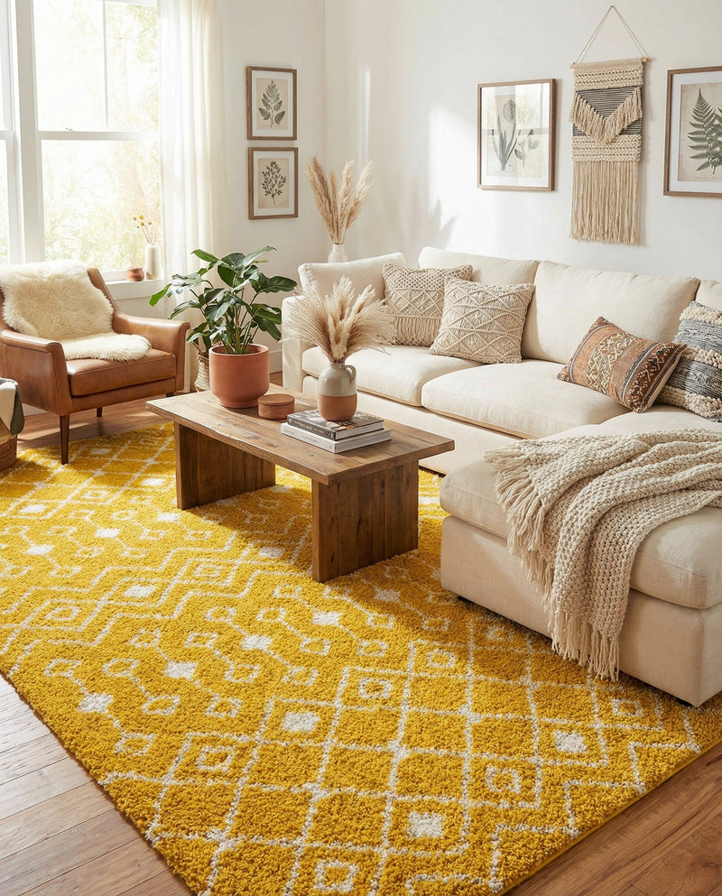 Berber Lattice Shag Collection Area Rug - Atlas (Yellow) Rectangle Yellow  lifestyle 10