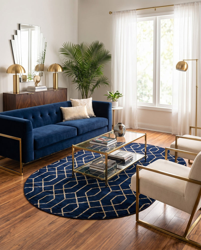 Hollywood Luxe Collection Area Rug - Sunset (Navy Blue Gold) Oval Navy Blue Gold  lifestyle 61