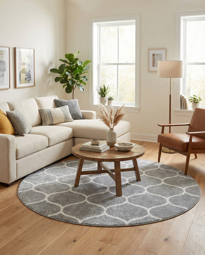 Trellis Mosaic Collection Area Rug -  Pergolatown (Light Gray) Round Light Gray  lifestyle 59
