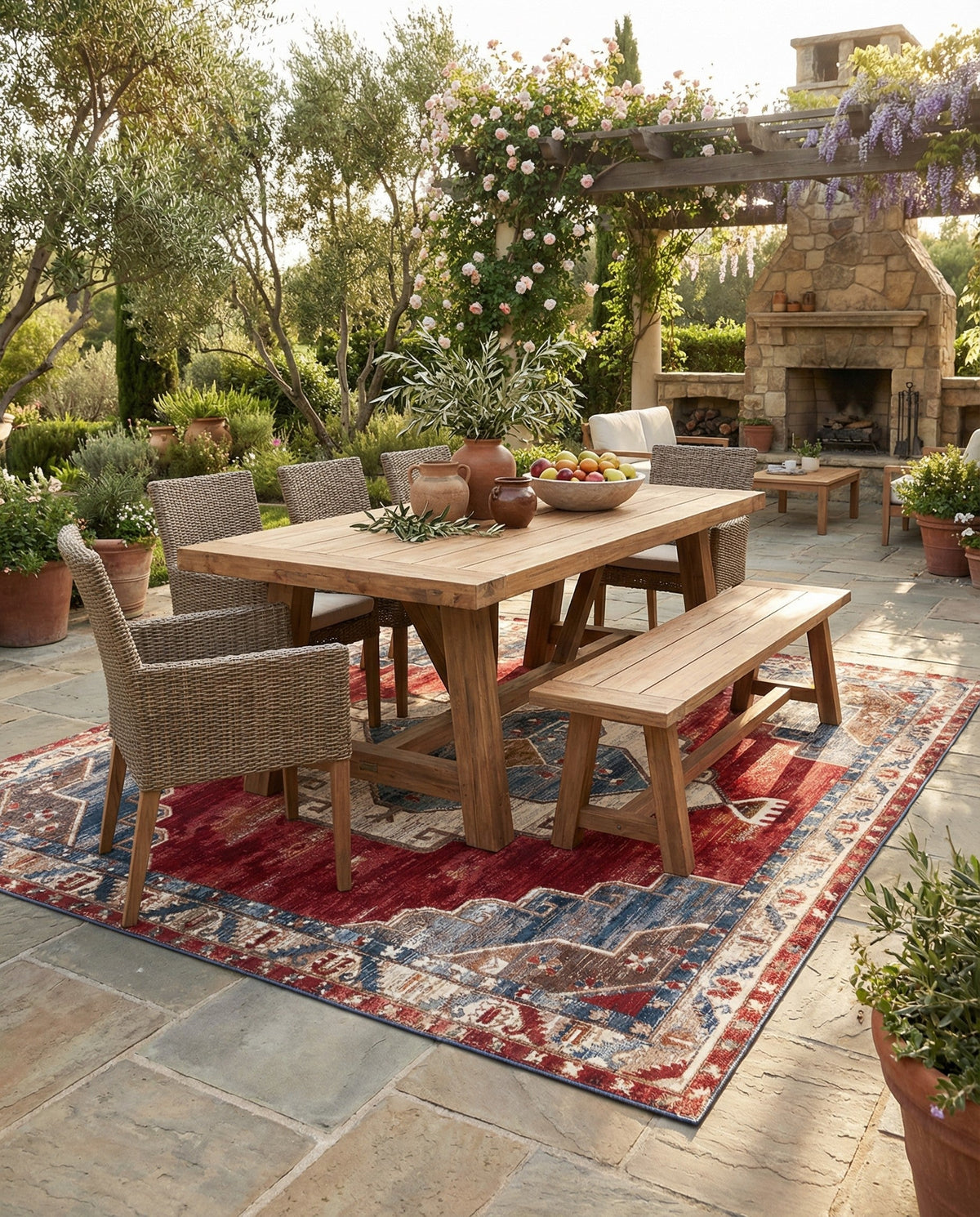 Patio Heritage Collection Area Rug -  Alcove Square Red and Navy Blue  lifestyle 98