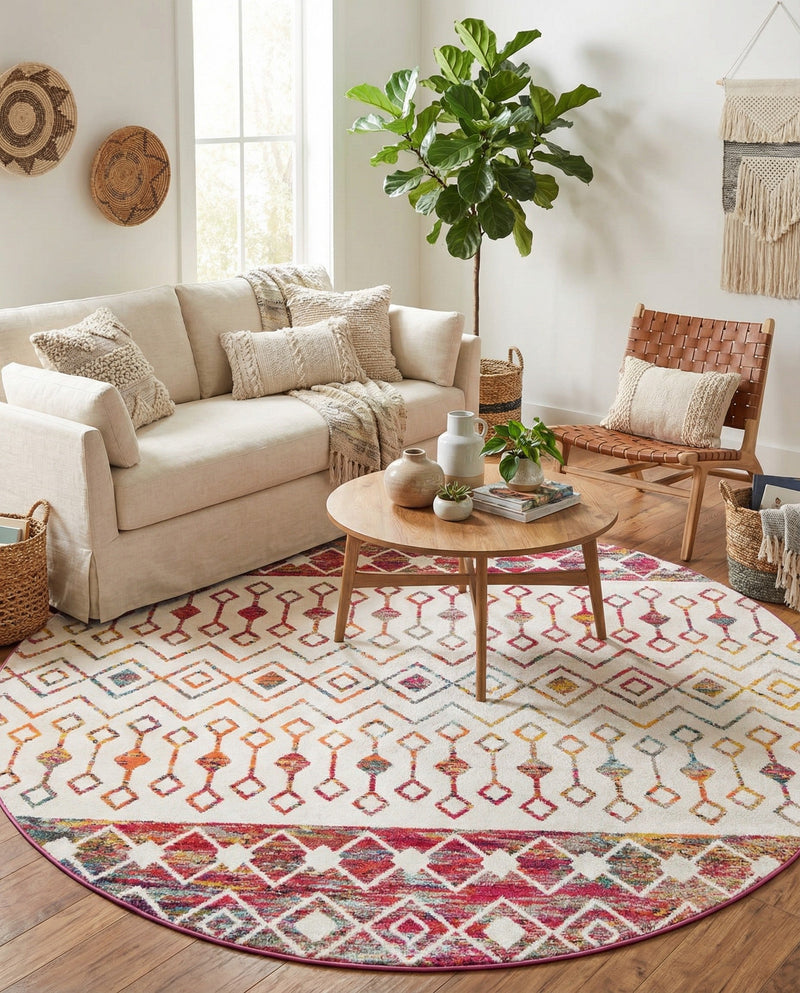 Mediterranean Lattice Collection Area Rug -  Casablanca (Ivory Multi) Round Ivory Multi  lifestyle 35