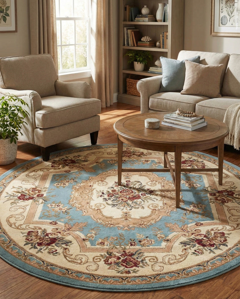 Versailles Elegance Collection Area Rug -  Louveciennes (Light Blue) Round Light Blue  lifestyle 85