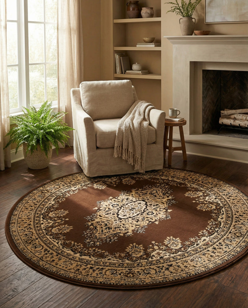 Tabriz Tapestry Collection Area Rug - Azerbaijan (Brown) Round Brown  lifestyle 57