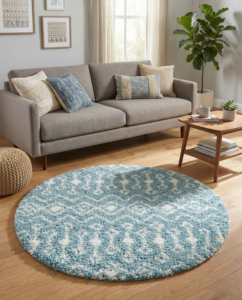 Berber Lattice Shag Collection Area Rug - Atlas (Light Blue) Round Light Blue  lifestyle 41