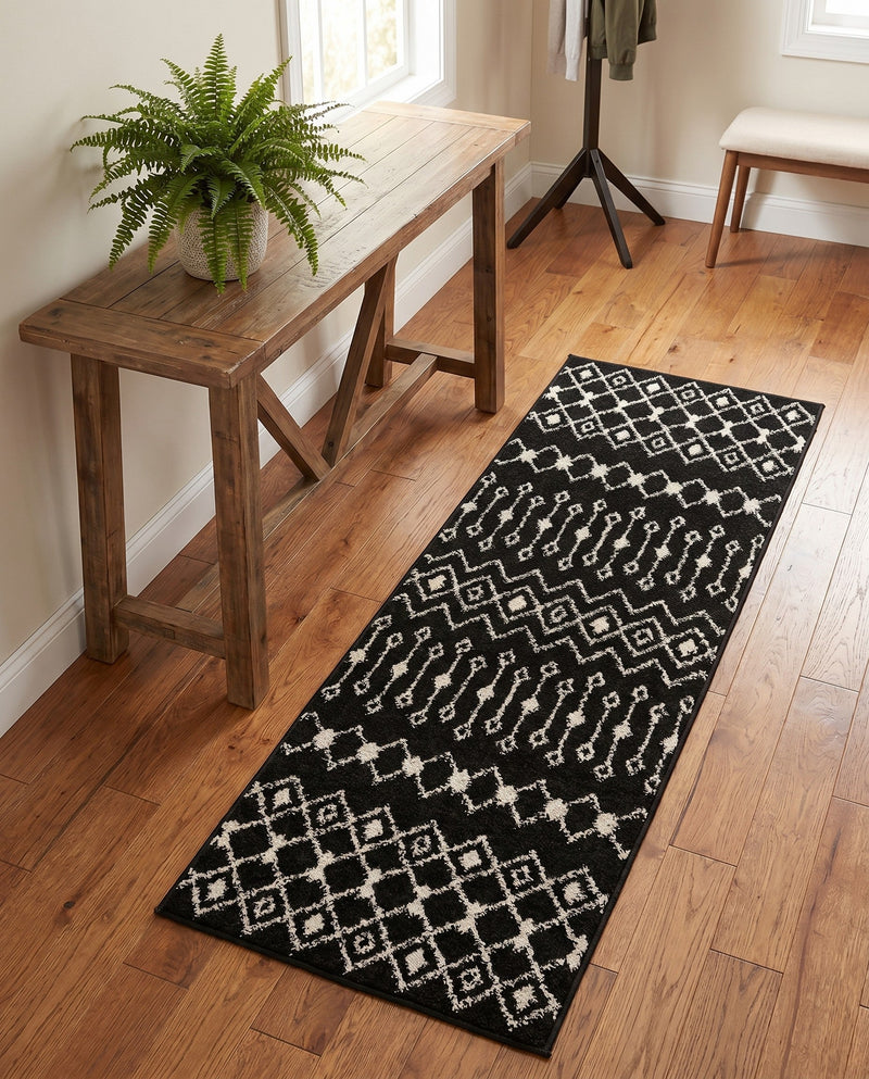 Mediterranean Lattice Collection Area Rug - Santorini (Black and White) Runner Black and White  lifestyle 42