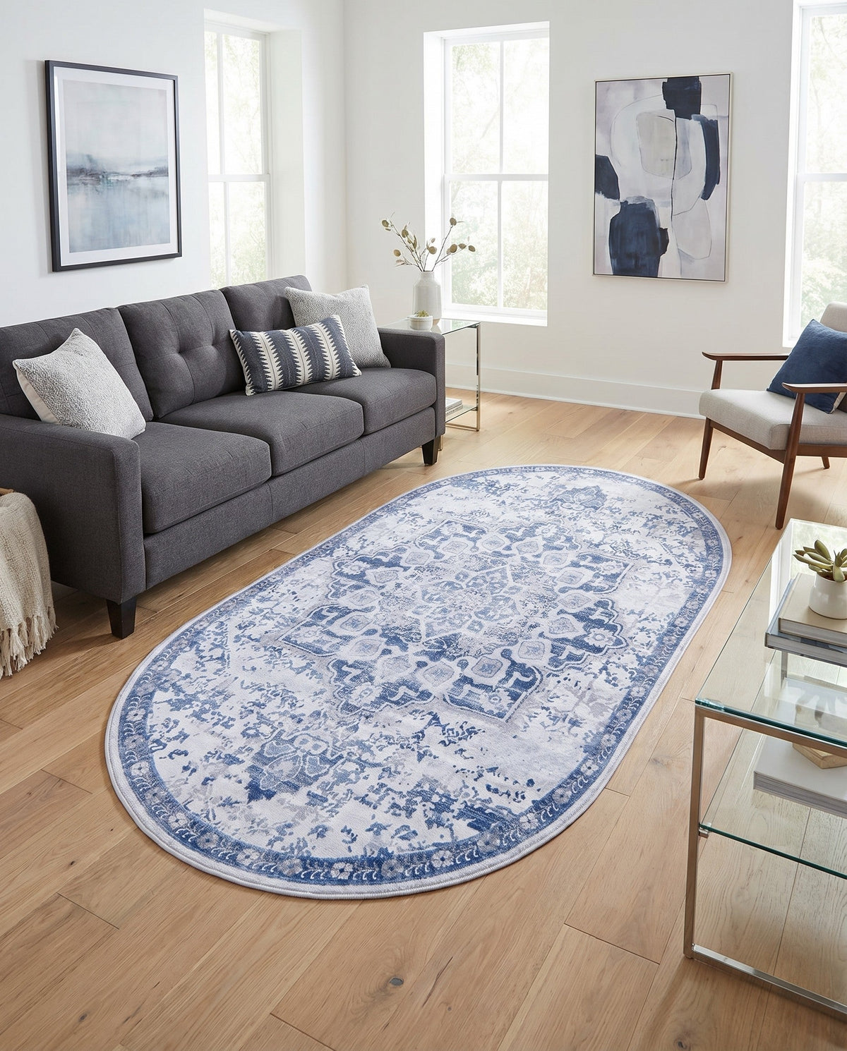 Baroque Era Collection Area Rug - Versailles (Gray Blue) Oval Gray Blue  lifestyle 88