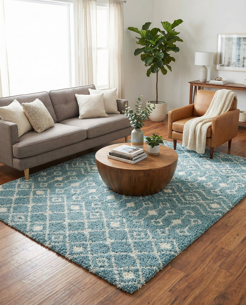 Berber Lattice Shag Collection Area Rug - Atlas (Light Blue) Rectangle Light Blue  lifestyle 8
