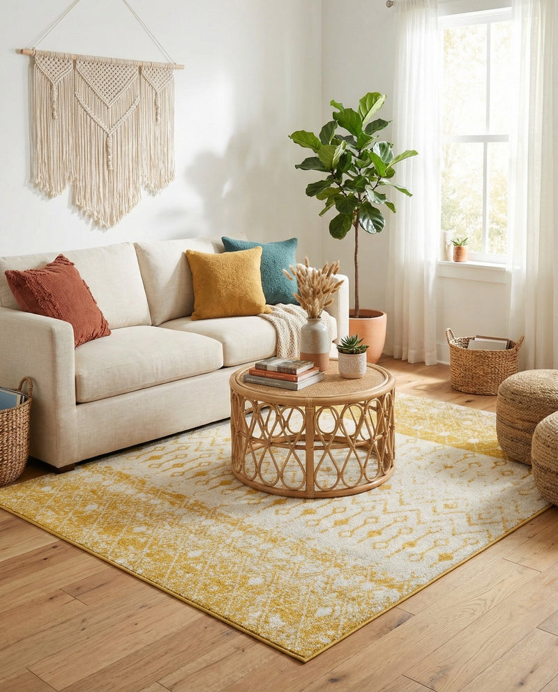 Mediterranean Lattice Collection Area Rug -  Casablanca (Ivory and Yellow) Square Ivory and Yellow  lifestyle 94