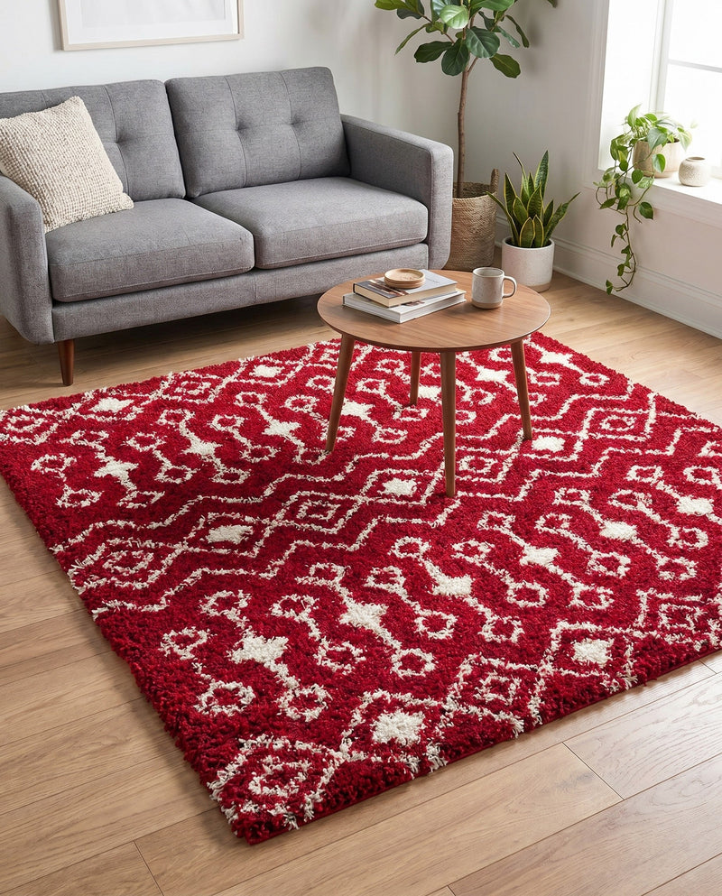 Berber Lattice Shag Collection Area Rug - Atlas (Burgundy Red) Square Burgundy Red  lifestyle 60