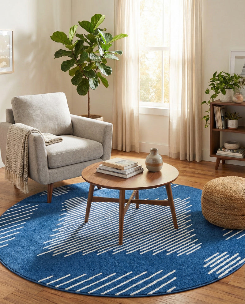 Seychelles Stripes Collection Area Rug - Mahe (Navy Blue) Round Navy Blue  lifestyle 23