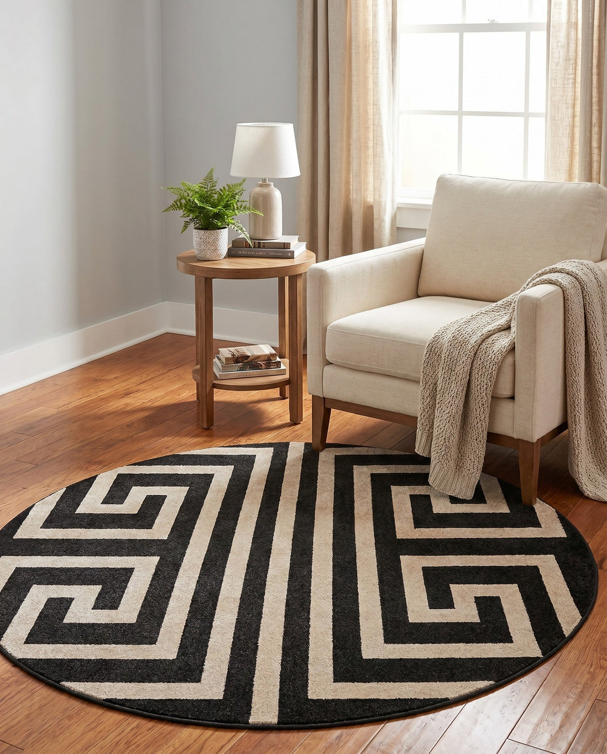 Aegean Labyrinth Collection Area Rug -  Mykonos Round Black  lifestyle 119