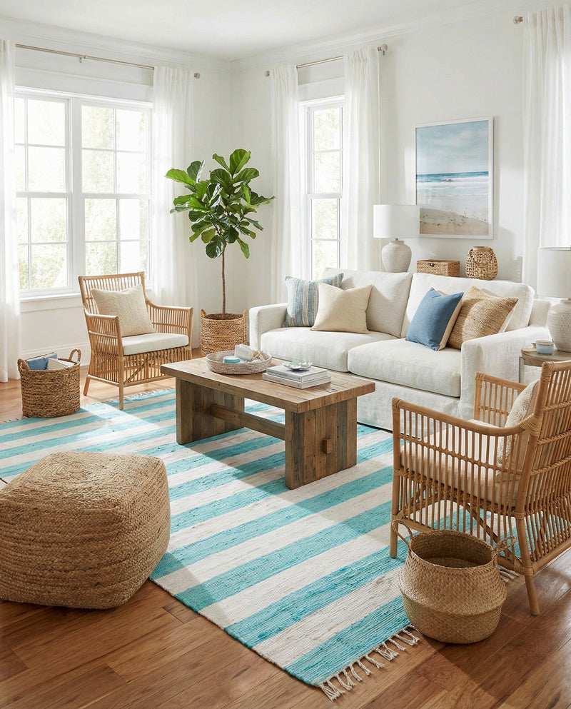 Tassel Trail Collection Area Rug - Pathway (Turquoise and Ivory) Rectangle Turquoise and Ivory  lifestyle 19