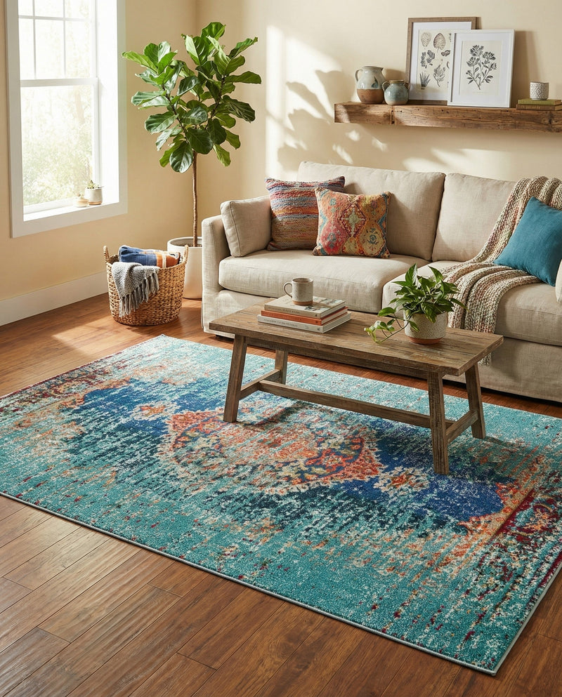 Venetian Tapestry Collection Area Rug -  Giudecca Rectangle Turquoise  lifestyle 36