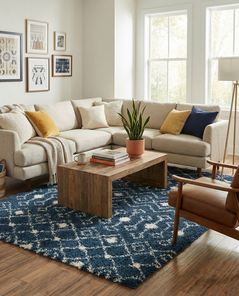 Berber Lattice Shag Collection Area Rug - Atlas (Navy Blue) Rectangle Navy Blue  lifestyle 12