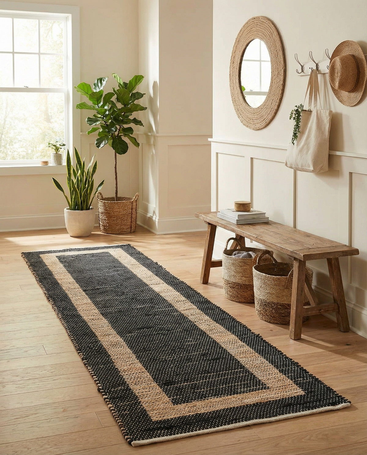 Osian Looms Collection Area Rug - Durham Runner Black-Natural  lifestyle 202