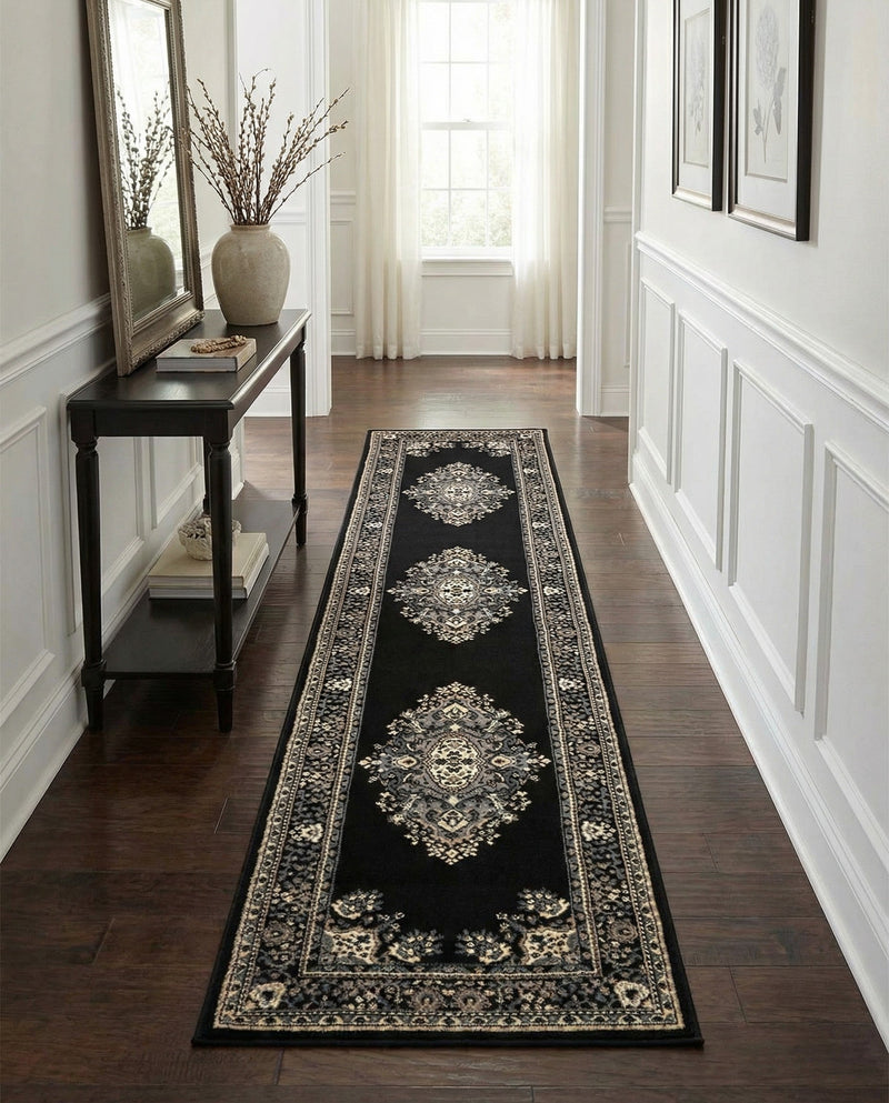 Tabriz Tapestry Collection Area Rug - Azerbaijan (Black) Runner Black  lifestyle 68