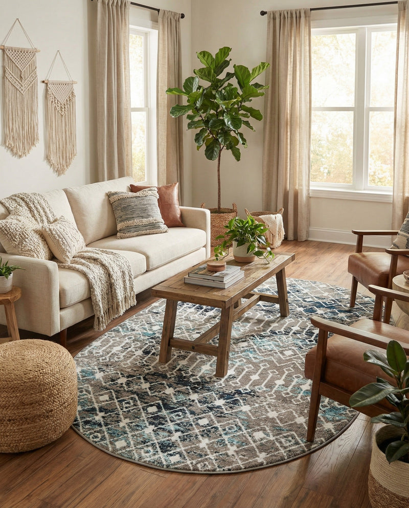 Mediterranean Lattice Collection Area Rug - Santorini (Multi Gray Blue) Oval Multi Gray Blue  lifestyle 84