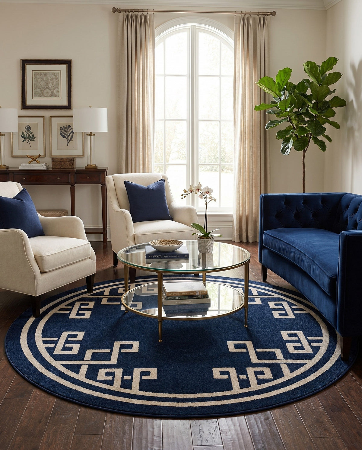 Aegean Labyrinth Collection Area Rug -  Rhodes Round Dark Blue  lifestyle 92