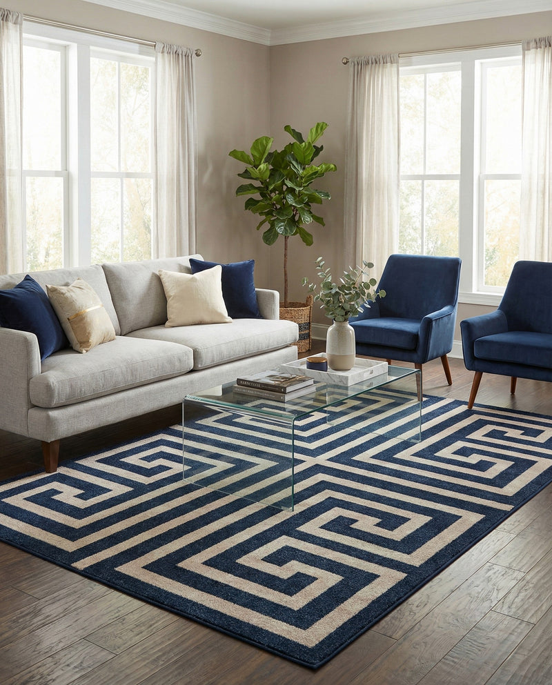 Aegean Labyrinth Collection Area Rug -  Mykonos Rectangle Navy Blue  lifestyle 46