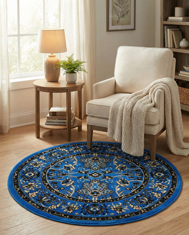 Isfahan Elegance Collection Area Rug - Naghsh-e Jahan (Dark Blue) Round Dark Blue  lifestyle 57
