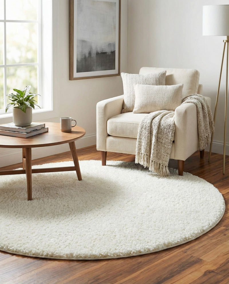 Cozy Comfort Shag Collection Area Rug - Haven (White) Round White  lifestyle 37