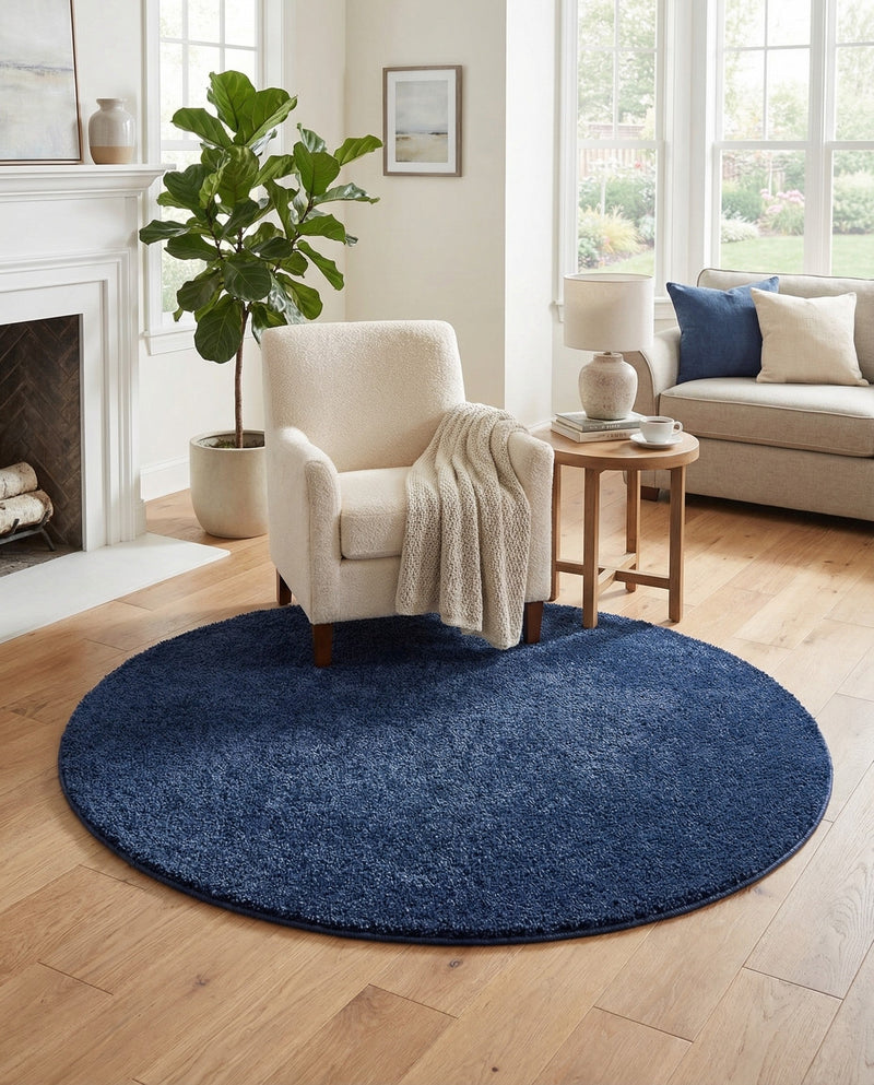 Solid Shag Seaside Collection Area Rug - Azure Cove (Navy Blue) Round Navy Blue  lifestyle 42