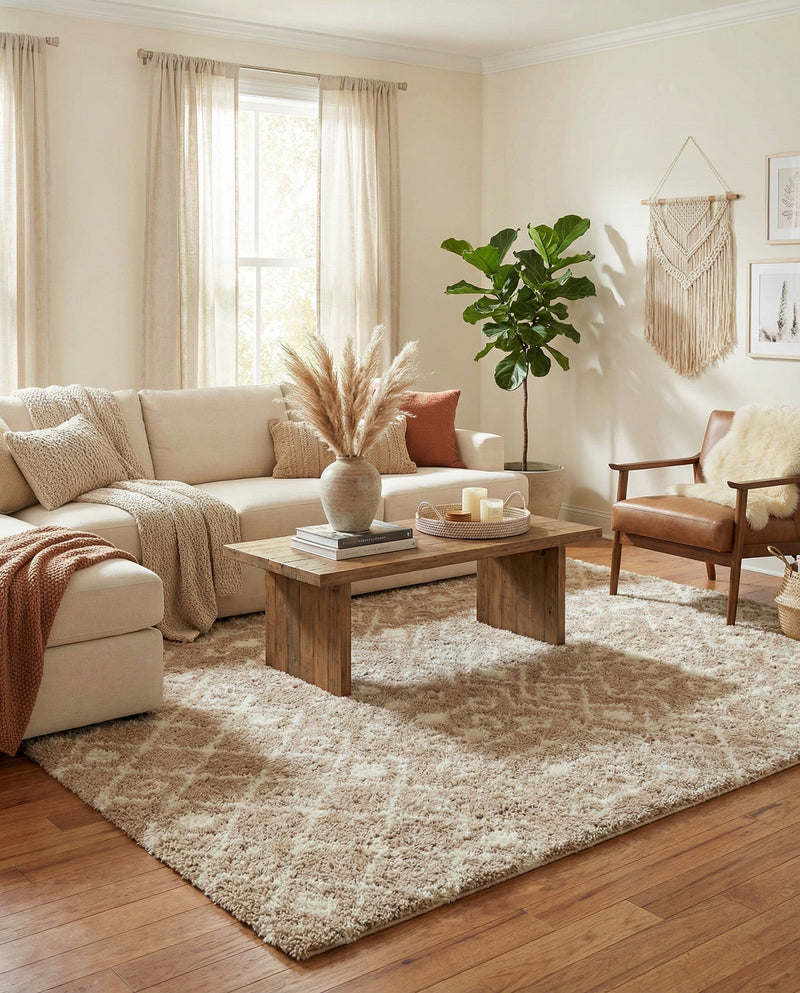 Berber Lattice Shag Collection Area Rug - Atlas (Light Brown) Rectangle Light Brown  lifestyle 8