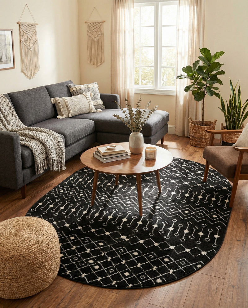 Mediterranean Lattice Collection Area Rug - Santorini (Black and White) Oval Black and White  lifestyle 27