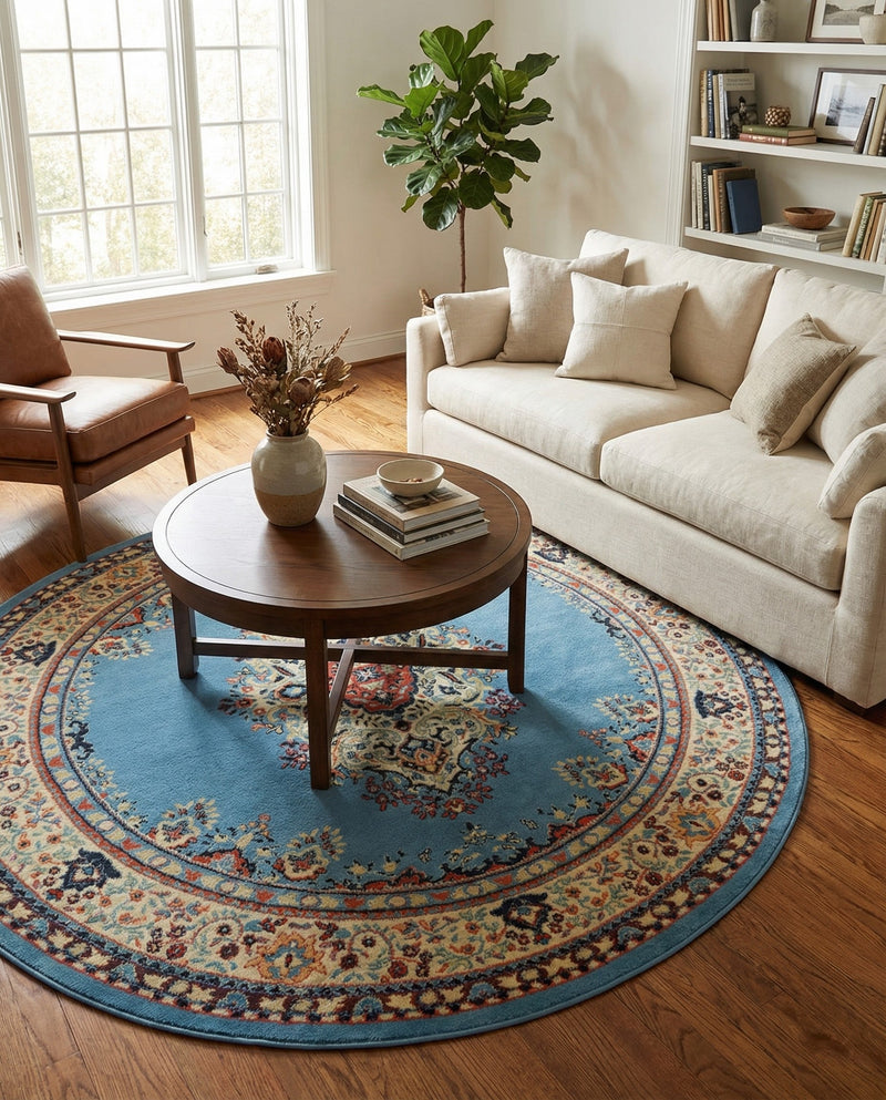 Tabriz Tapestry Collection Area Rug - Azerbaijan (Light Blue) Round Light Blue  lifestyle 59