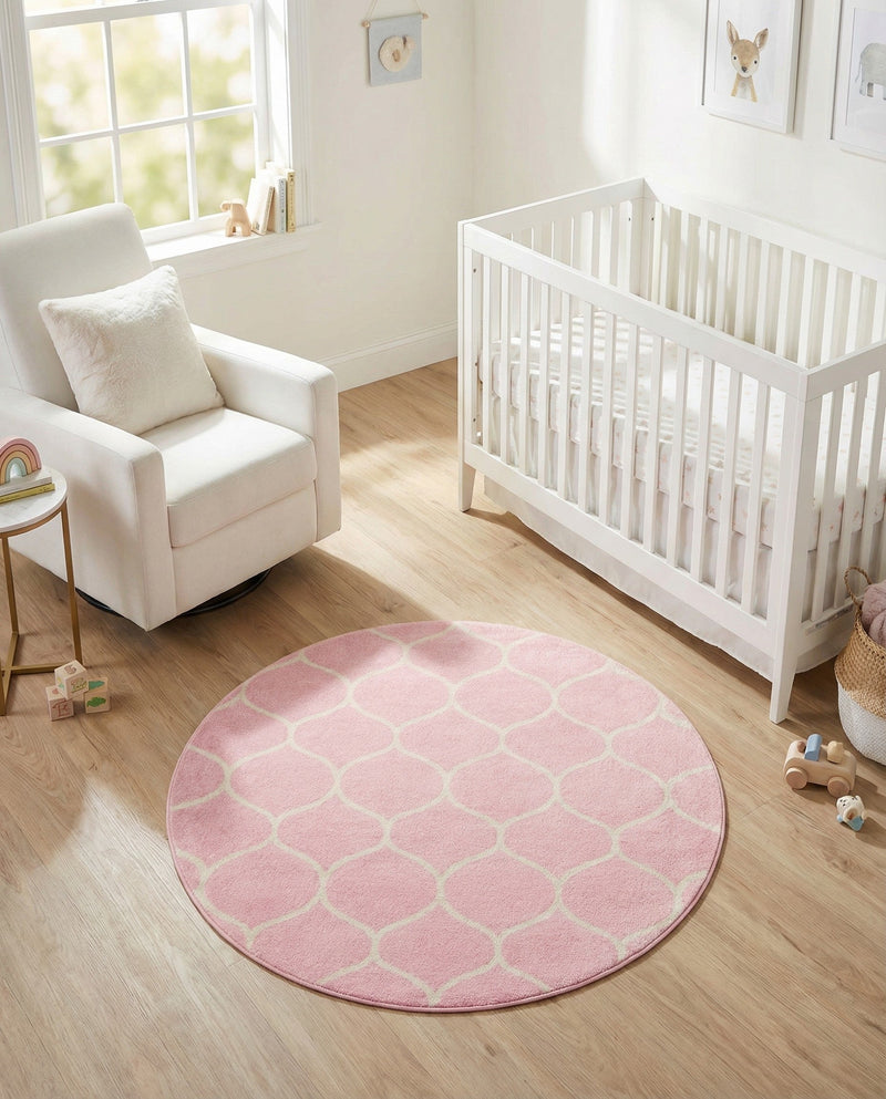 Trellis Mosaic Collection Area Rug -  Pergolatown (Light Pink) Round Light Pink  lifestyle 49