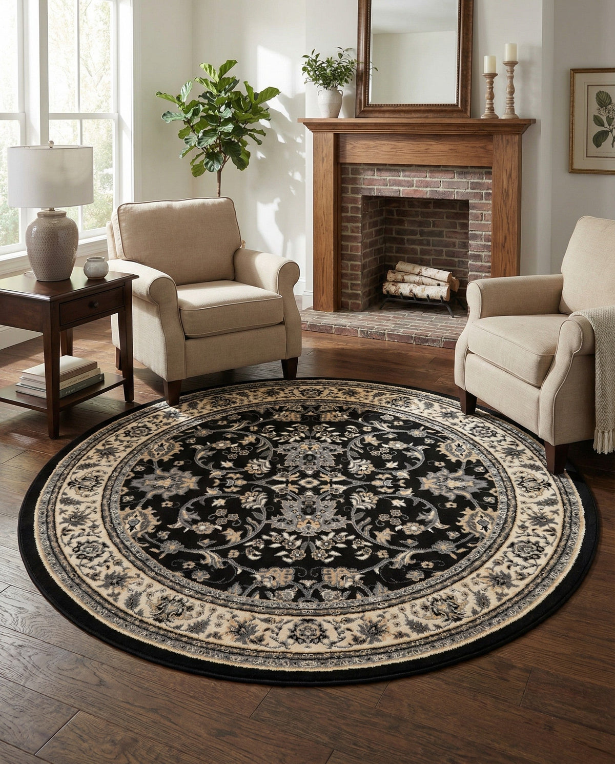 Isfahan Elegance Collection Area Rug - Naghsh-e Jahan (Black) Round Black  lifestyle 128